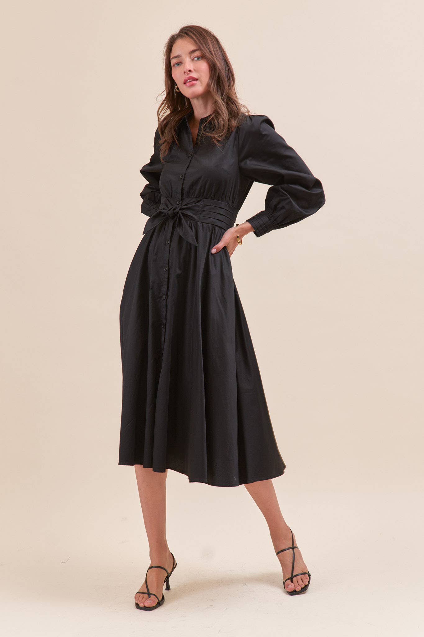 &MERCI - Wholesale Dress - Women's - PINTUCK WAIST TIE FRONT MIDI DRESS MDR421915