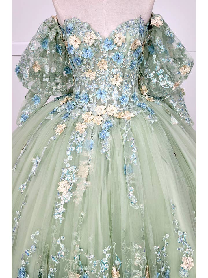 Sage Quinceanera Flower Dress With Sleeves CHF3108 for wholesale on Faire