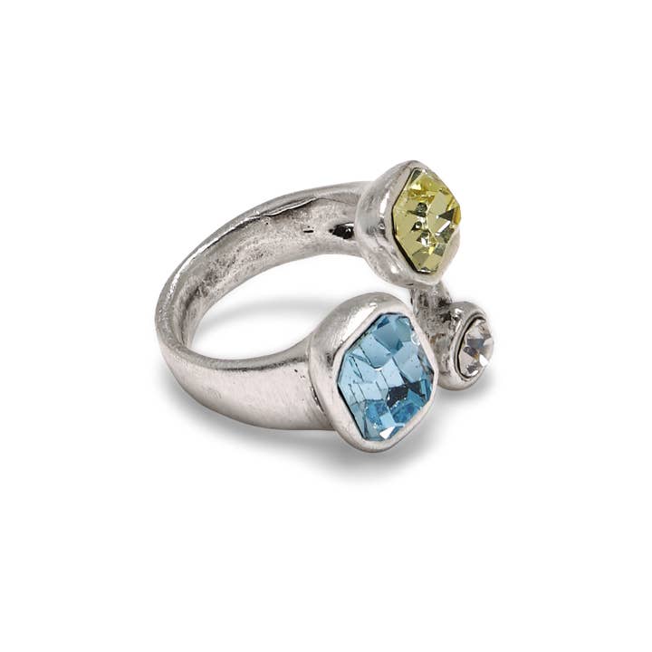 Chanour - Wholesale Cocktail/Statement Ring - Handmade Blue Yellow Crystal Brass Ring - 69832