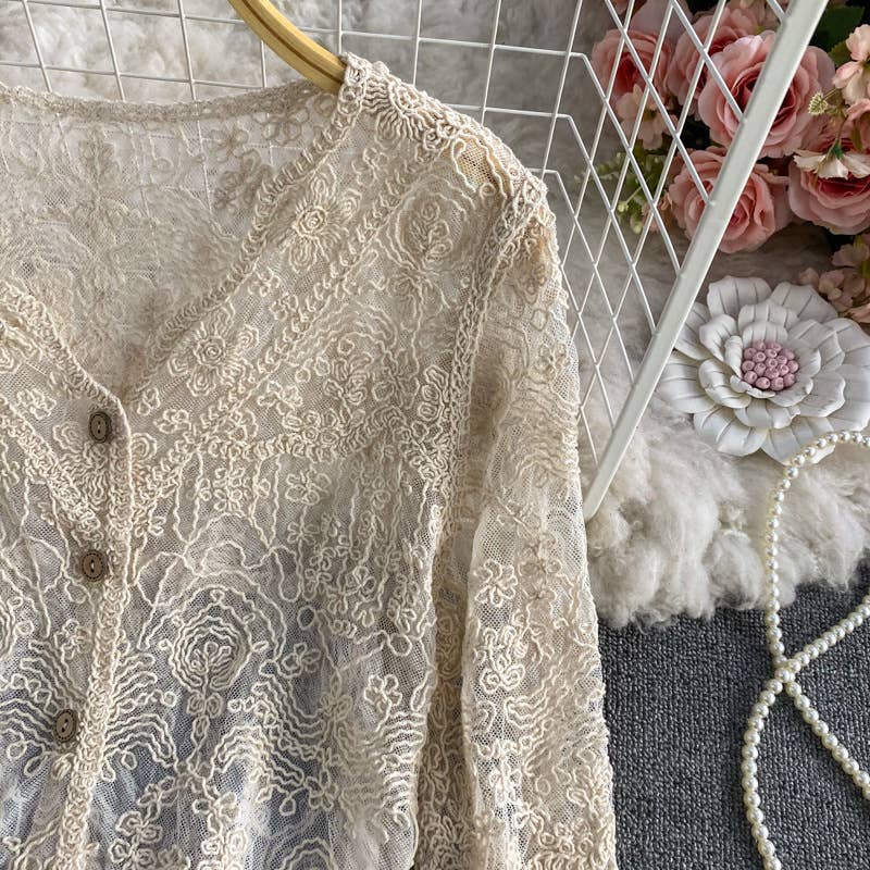 Hope & Sunshine – Cardigan - Mulher por atacado – Top de Renda com Recortes em Croché e Manga Comprida23