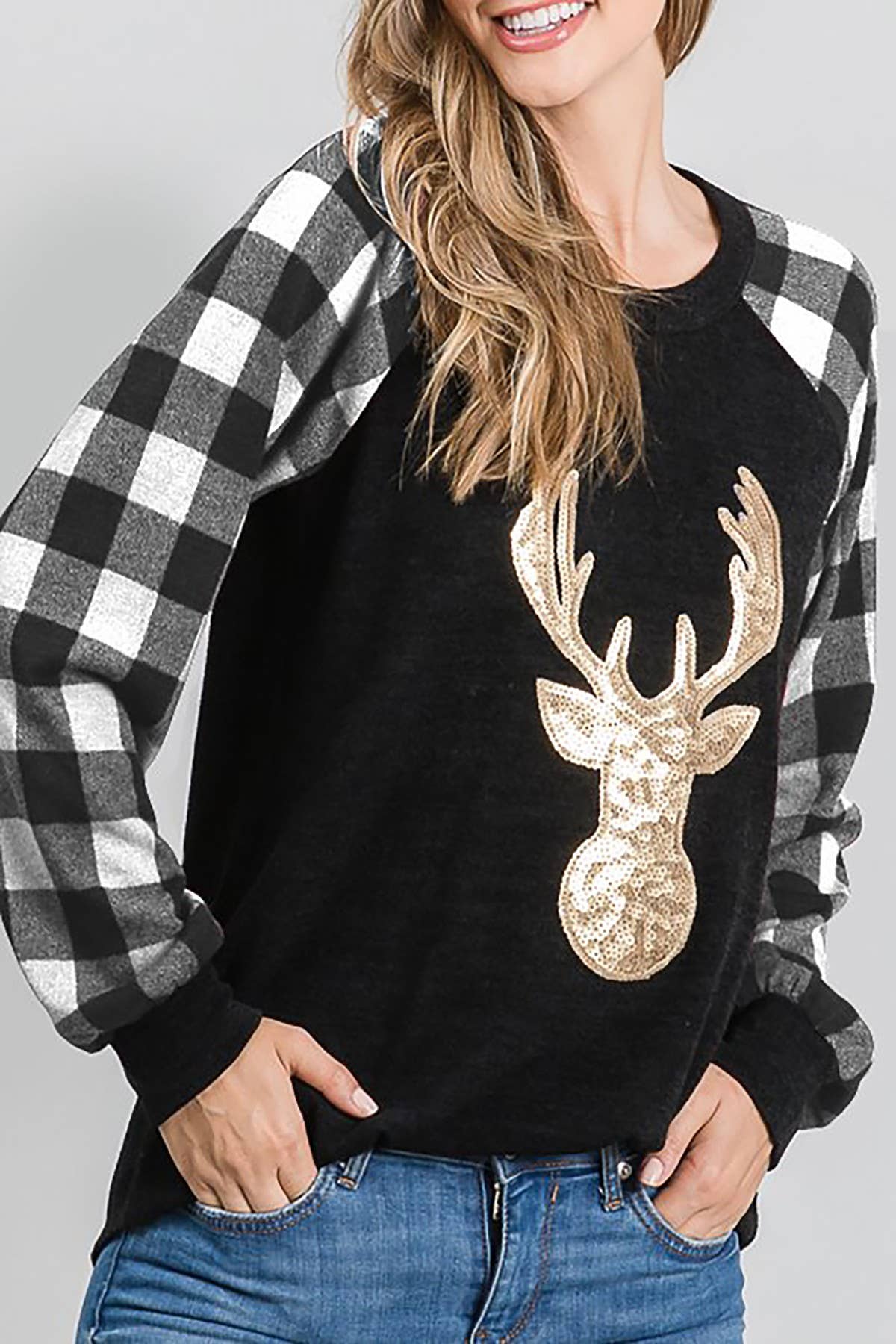 ROUSSEAU - Vendita all'ingrosso Maglietta - Donna - TOP A CONTRASTO CON STAMPA A QUADRI E RENNE CON PAILLETTES5