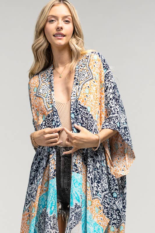 NAVY MULTI Damask & Paisley Print Kimono for wholesale on Faire4