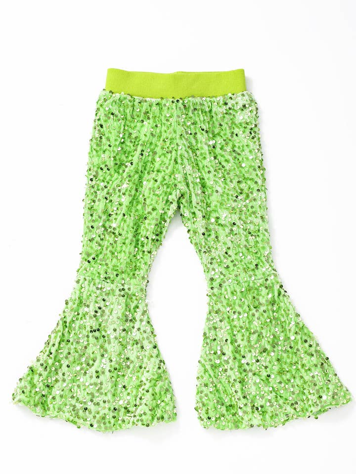 Girls Lime Green Sequin Christmas Flare Pants for wholesale by sassy kids palace