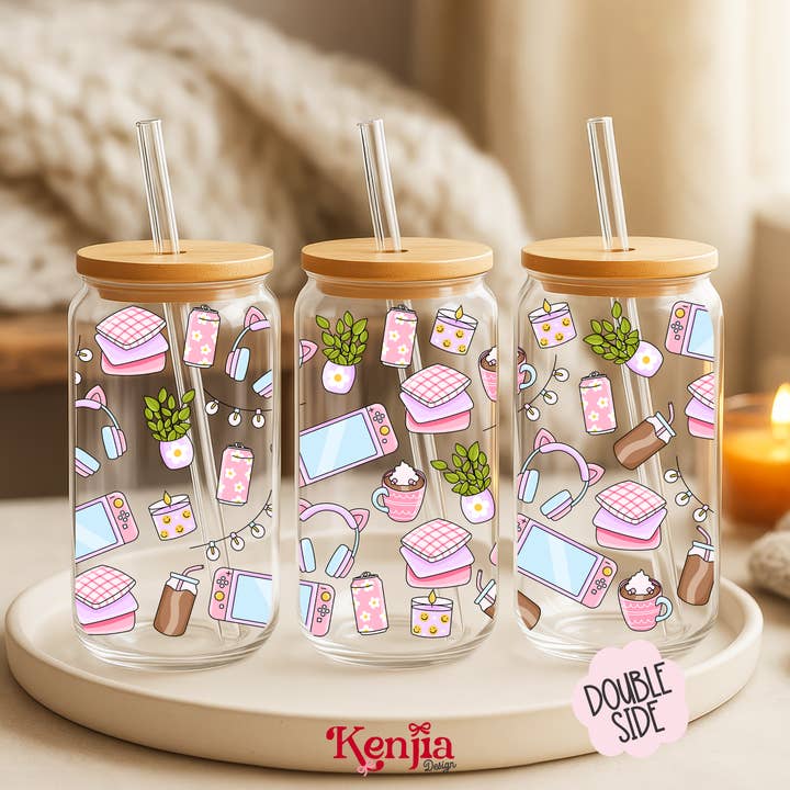 Knusse Gamer 16 OZ Glazen Kan Met Deksel & Rietje / Console Gamer voor wholesale door Kenjia Design