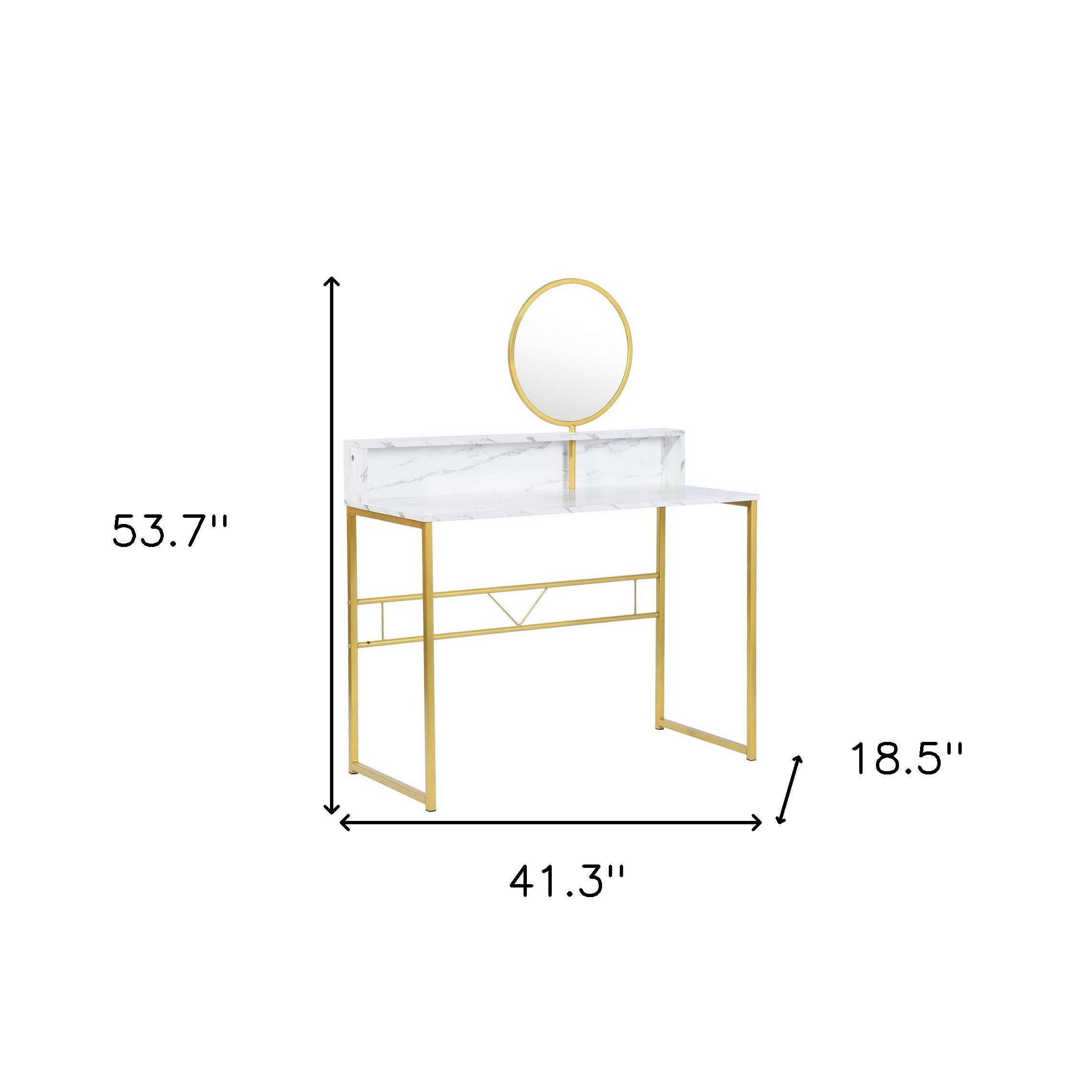 HomeRoots – Großhandel Konsolentische – 41" Weißer und goldener Schminktisch aus Kunstmarmor und Stahl mit Spiegel2