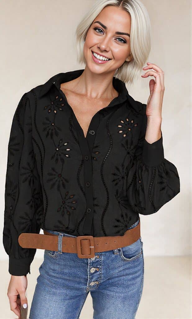 Anna Kaci Wholesale - Vente Chemise à col boutonné – femme - Blouse à manches longues boutonnée en broderie anglaise8