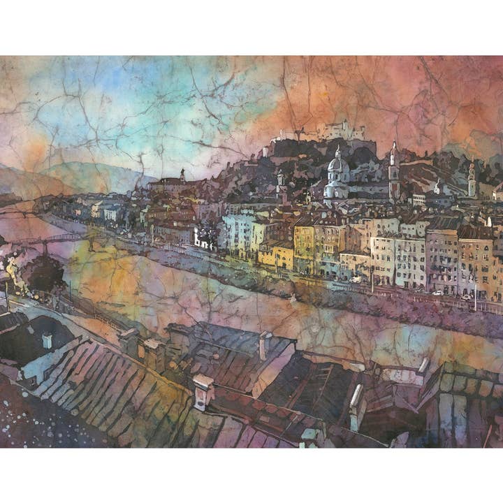Peinture aquarelle coucher de soleil Salzburg Autriche skyline art pour maison essentiels de voyage design d'intérieur giclée (impression) pour la vente par Ryan Fox Fine Art