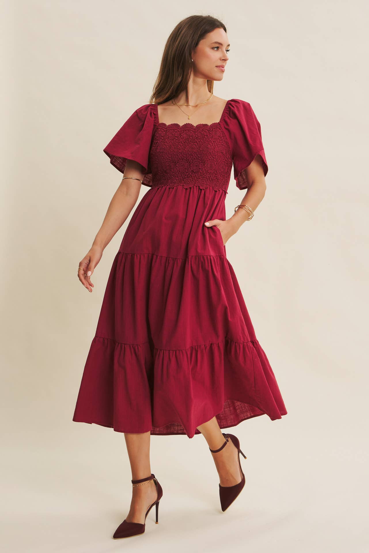 in february - Wholesale Dress - Women's - ESSENCE OF FALL TIERED CROCHET MIDI DRESS WITH FLUTTER SLVS29