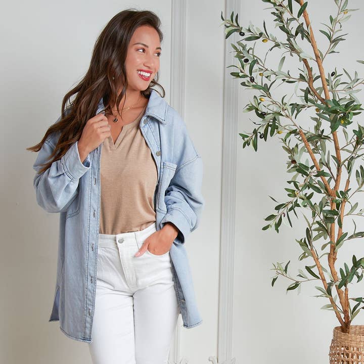 Lyssa Long Sleeve Button Down Terrycloth Shacket for wholesale by Howard's