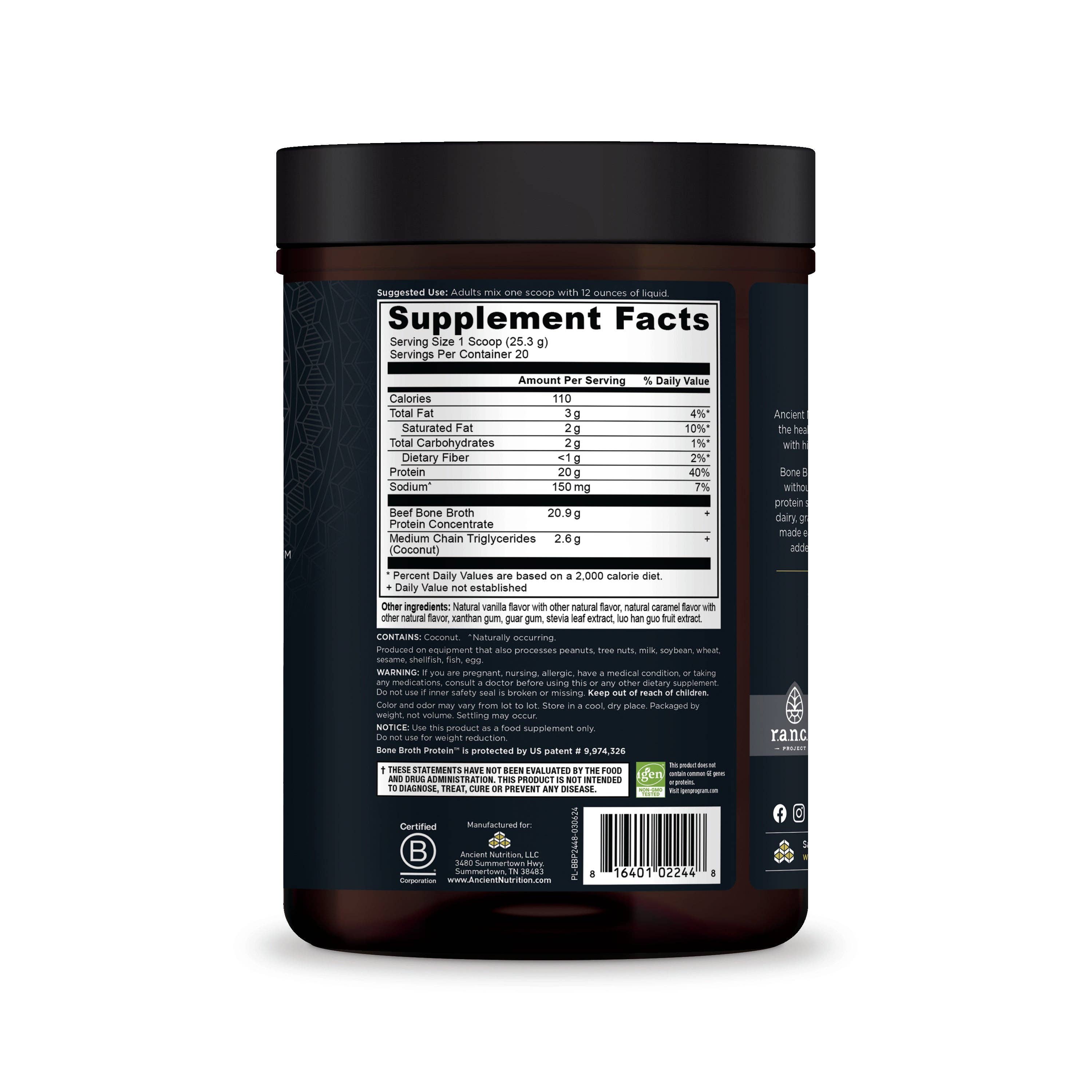 Noir Protéine de Bouillon d'Os | Poudre Caramel Salé (20 Portions) en vente sur Faire6