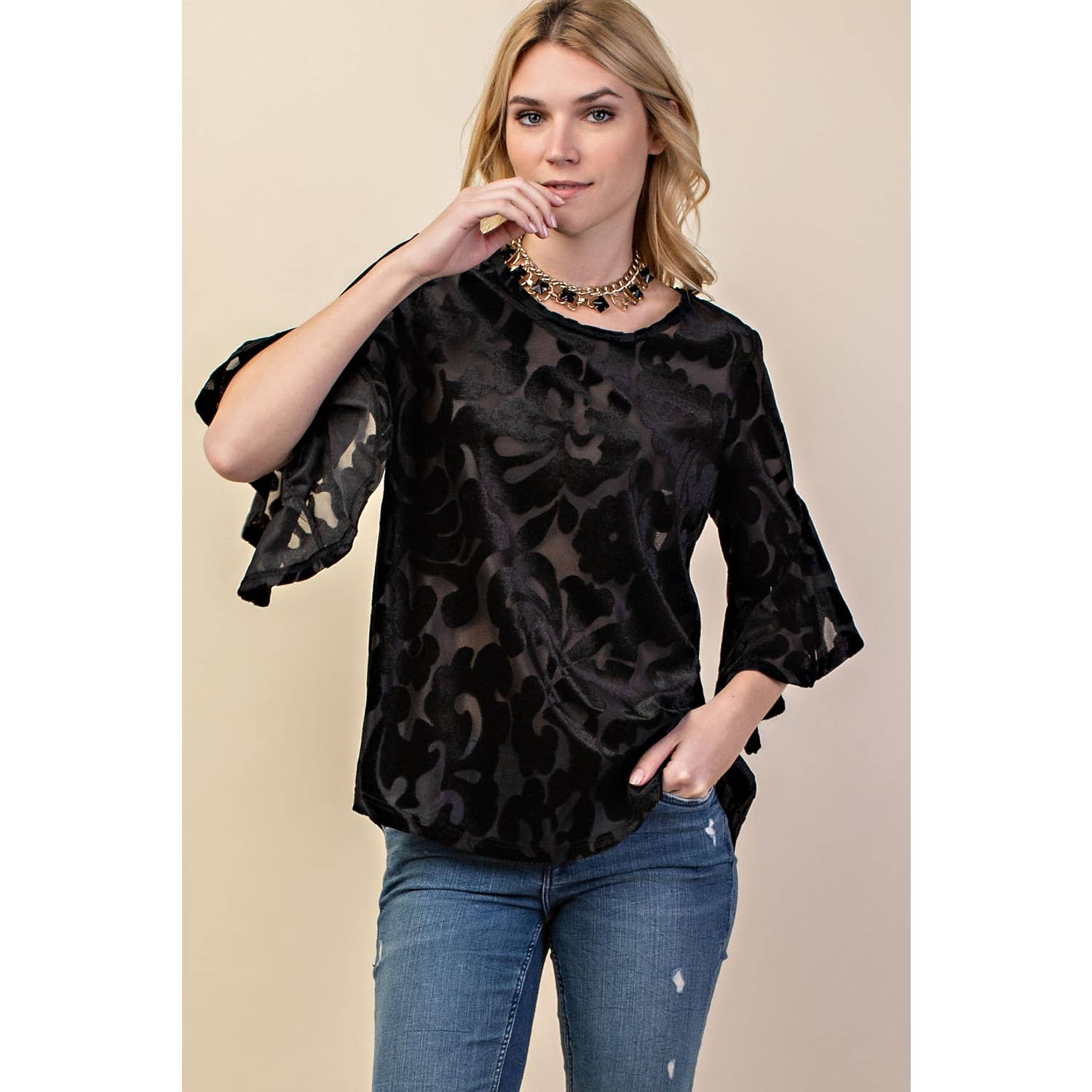 VOCAL - Wholesale Blouse - Women's - VELVET RUFFLE SLEEVE KNIT TOP3