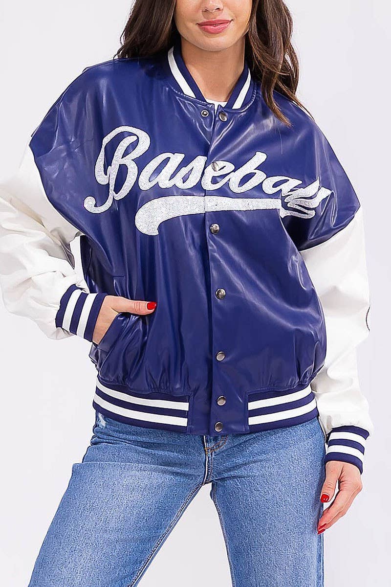 ROUSSEAU - Wholesale Varsity/Baseball Jacket - Women's - BUTTON FRONT POCKETS PU PLEATHER VARSITY JACKET0