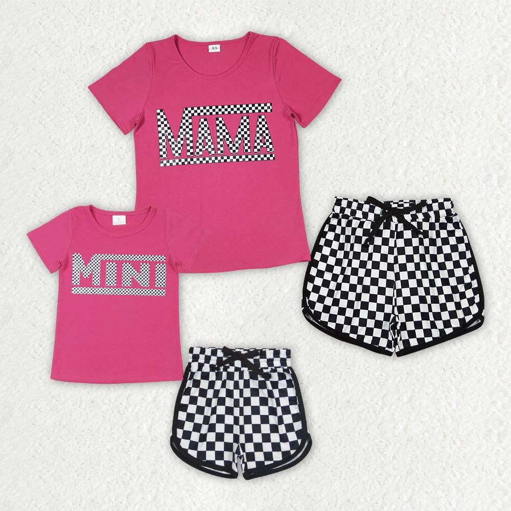 Aier Wholesale - Wholesale Mommy & Me Sets - Mommy and Me Adult Baby Girls Mini Pink Shirt Checkered Shorts Outfits0