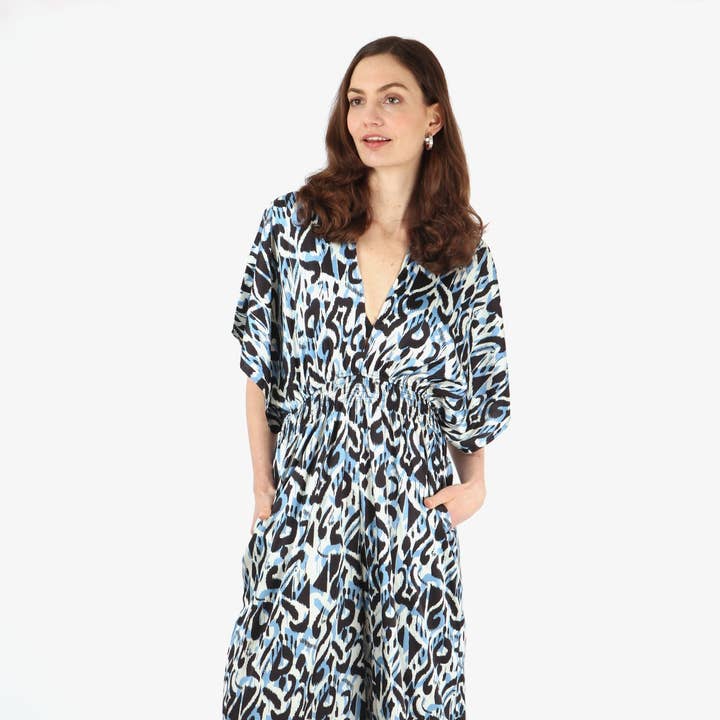 Abstract Ikat Print Flared Leg V Neck Jumpsuit in Blue for wholesale by Sarta