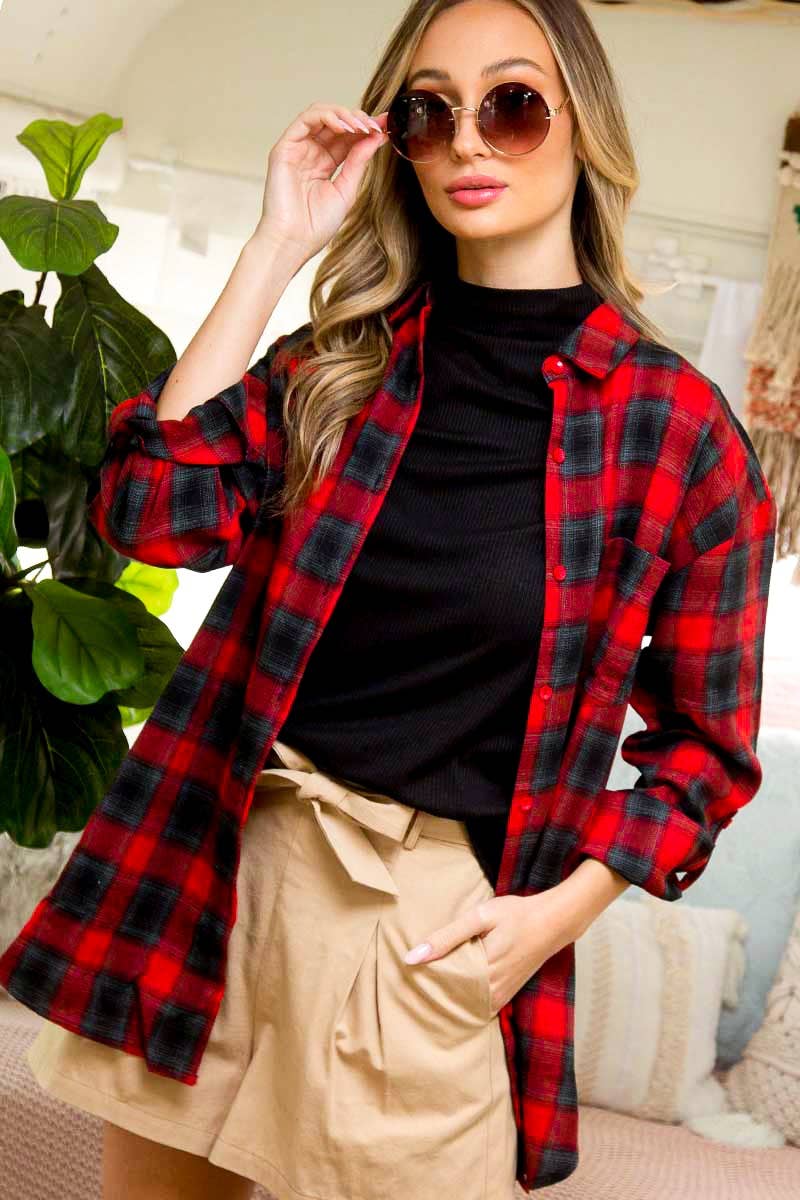 Vine & Love – wholesale Buttoned-down shirt – Women's – Checker Yarn Dye Plaid Print Shirt Top VT6045510