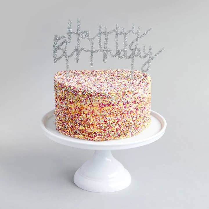 Hootyballoo by Club Green - Wholesale Cake/Cupcake Topper - Silver 'Happy Birthday' Acrylic Cake Topper