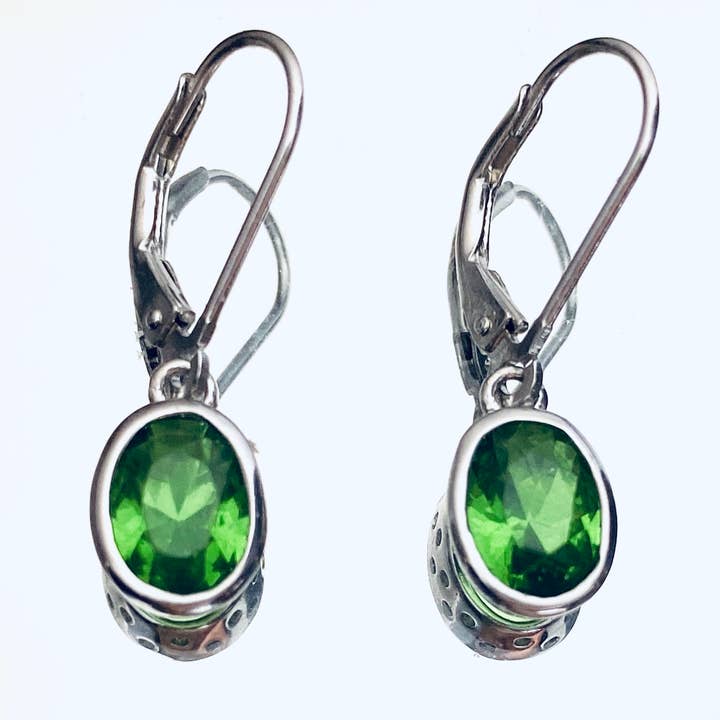E10608LB Bezel Set Helenite Birthstone Dangle Earrings for wholesale by Twan Kee Jewelry