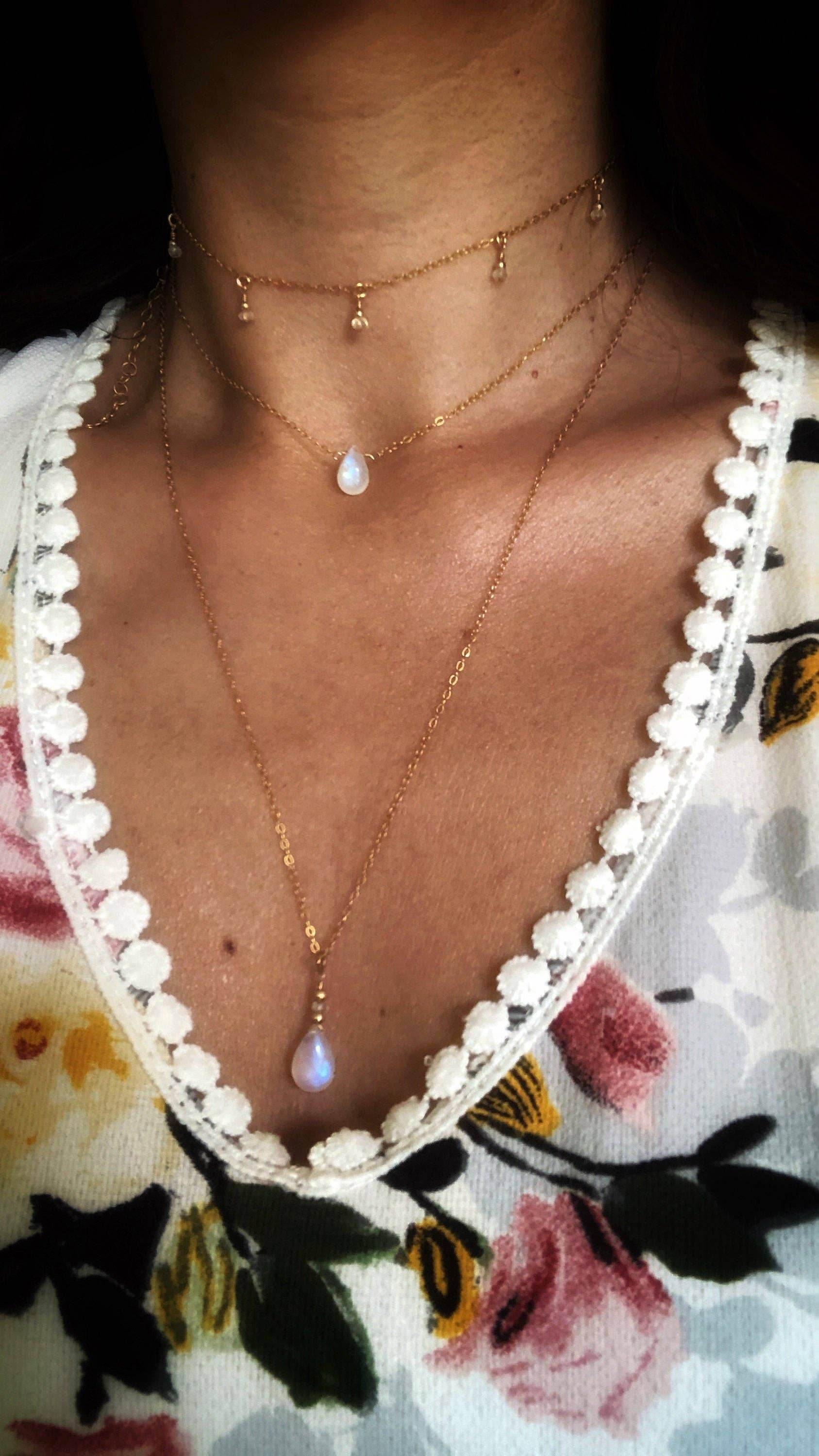 SEQAY - Wholesale Pendant/Charm Necklace - Moonstone drop chain, rainbow moonstone necklace, short gold chain with moonstone, layering look8