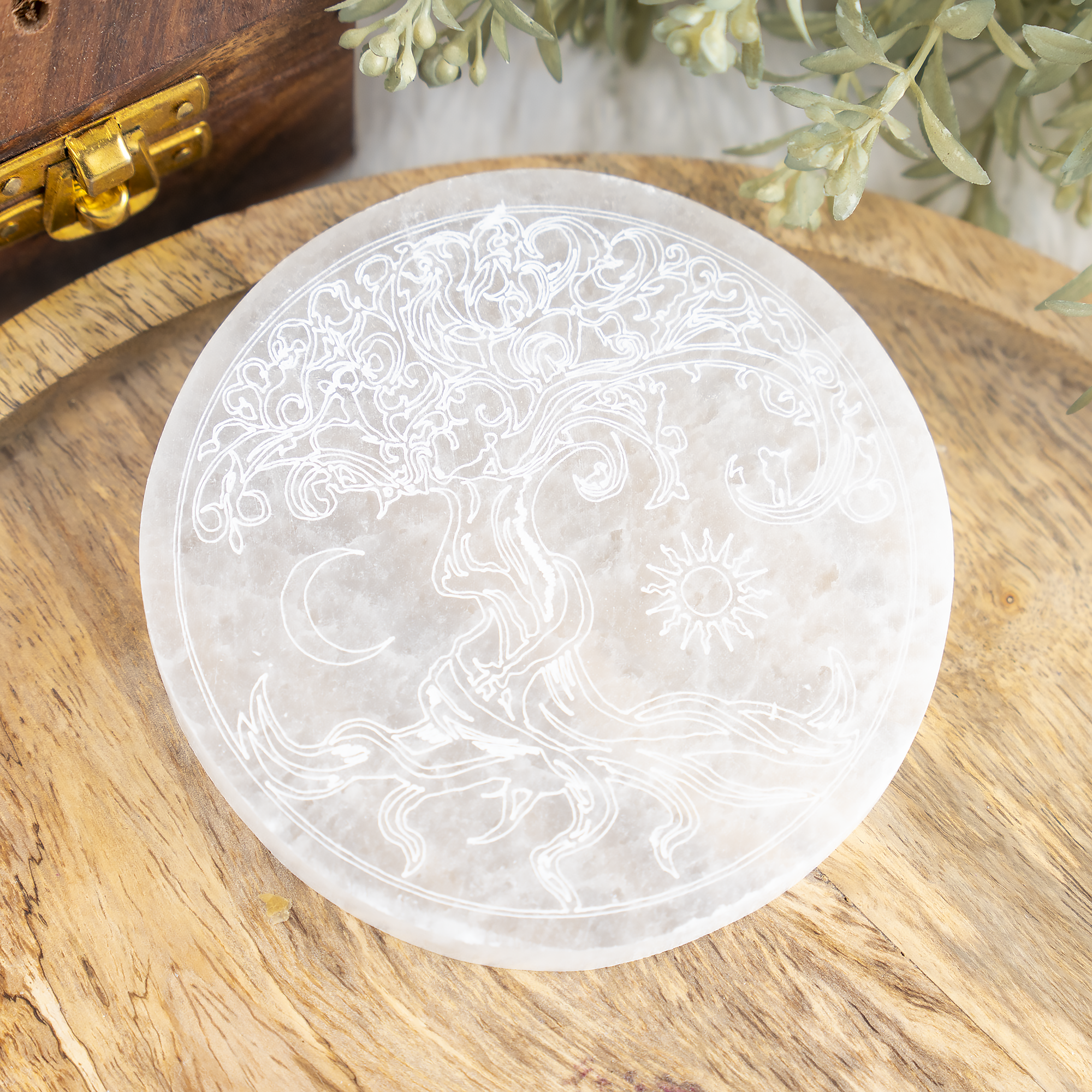 Soothing Crystals - Wholesale Crystal Charging Plate -  4" Selenite Plate | Tree of Life Moon & Sun Selenite Plate1