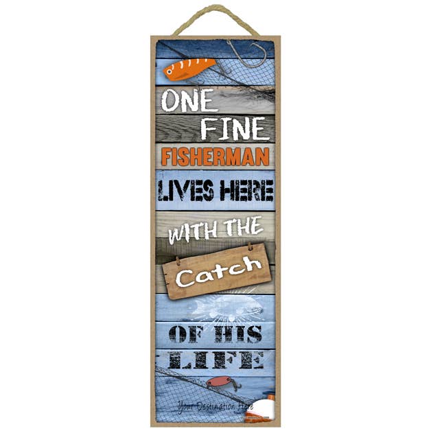 Schild „Fischer lebt hier“, Holzplanken mit Angelmotiv für den Großhandel von SJT Enterprises, Inc.