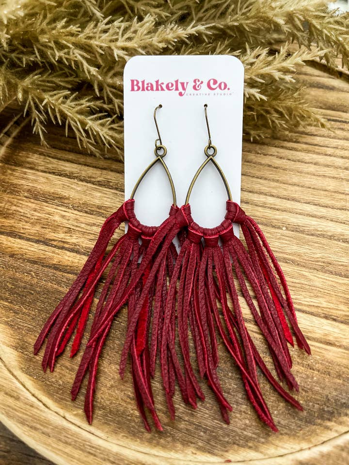 Burgundy Fringe Leather Earrings for wholesale by Blakely and Co.