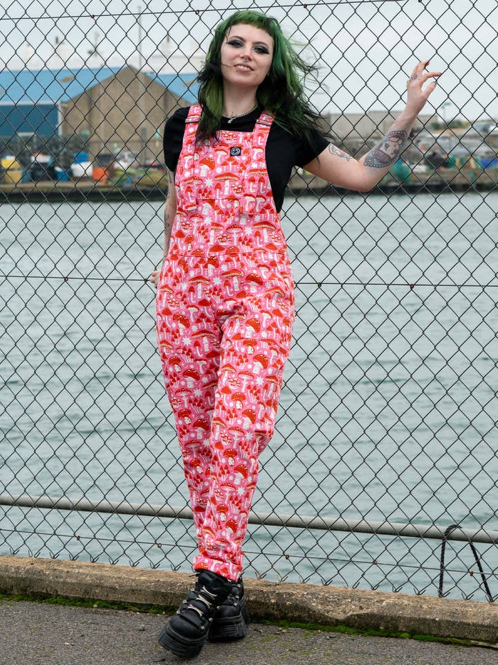 RR x Stacey McEvoy-Caunt Mushrooms Stretch Dungarees for wholesale by Rebel Romance