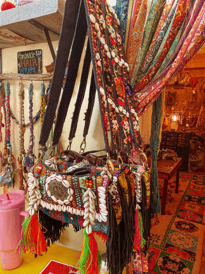 Bohemian Upcycled Fringe Shell Hand Embroidered Patch Bag for wholesale by Gardenbelle Shop