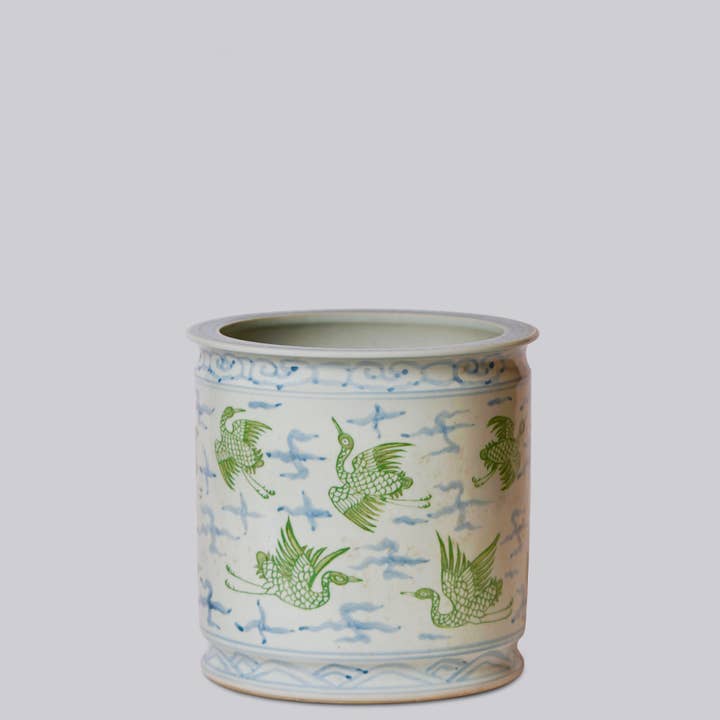 Cobalt Guild - Wholesale Vase - Cranes and Clouds Green and Blue Porcelain Cachepot