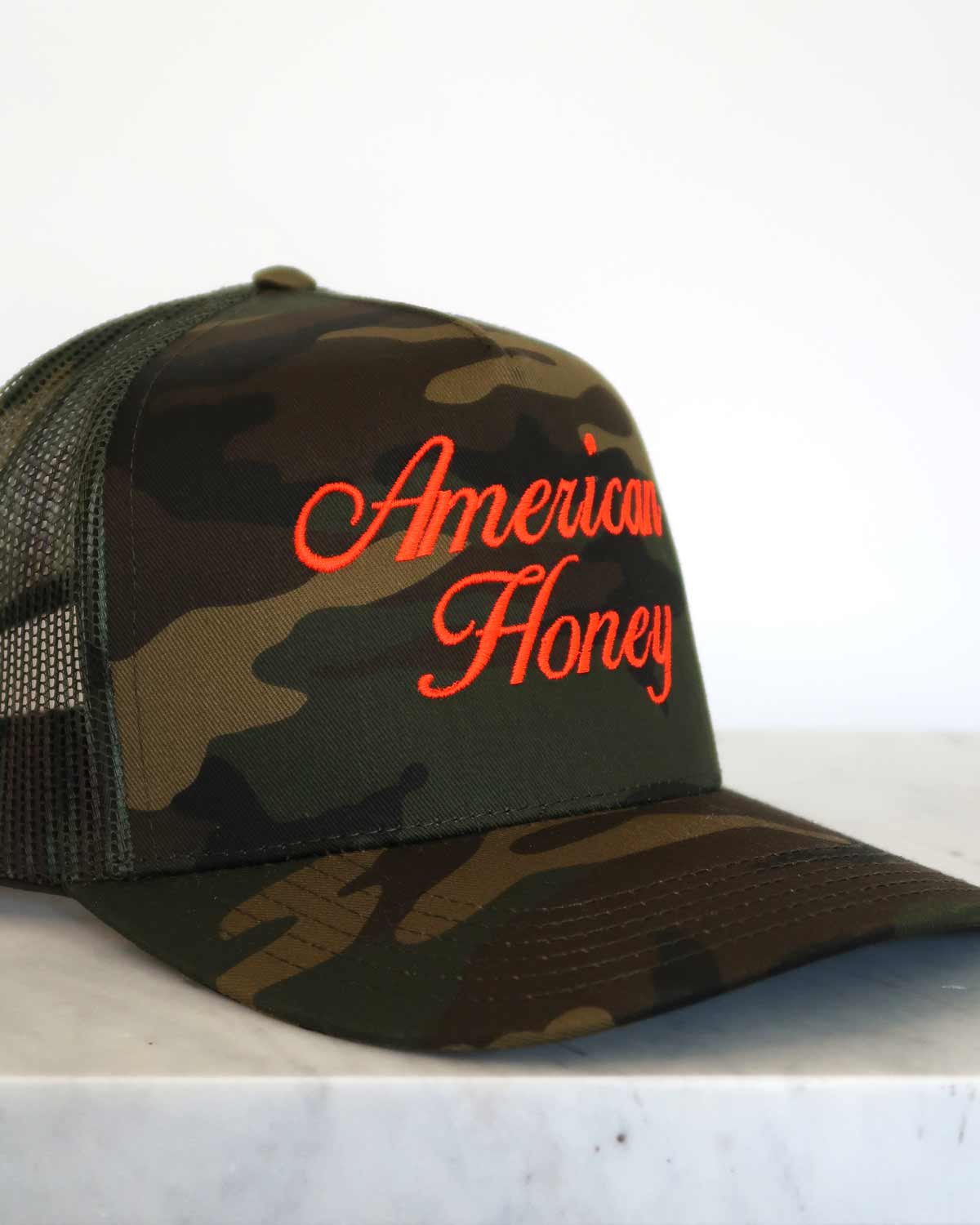 Sundrop - Wholesale Trucker Hat - Women's - American Honey Camouflage Embroidered Hat - Neon Red Orange1