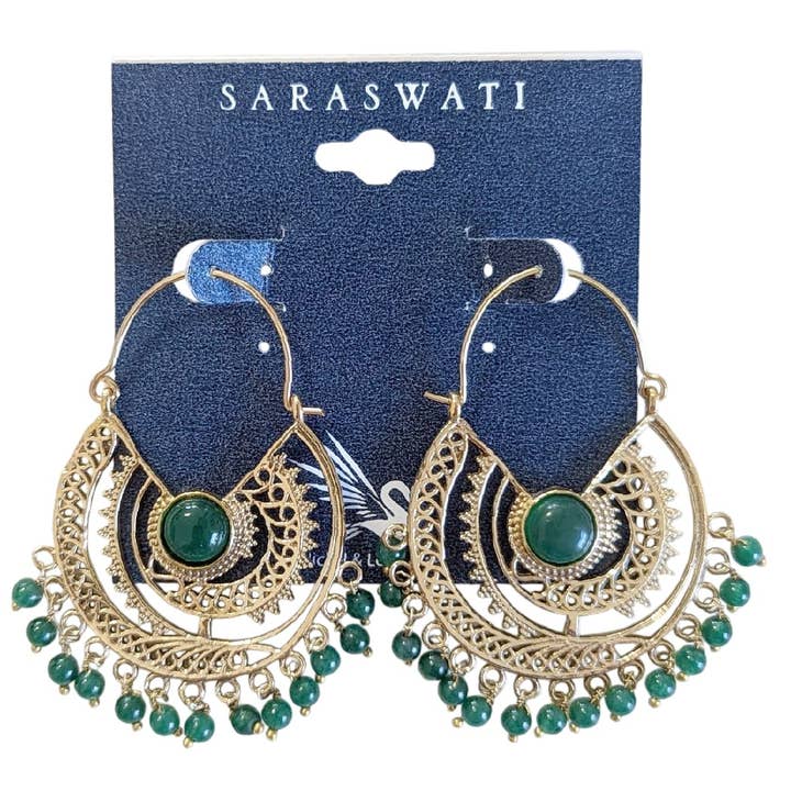 Grenoble Green Onyx Brass Hoop Earrings for wholesale by Saraswati Imports