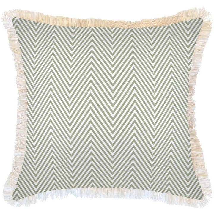 Cushion Cover-Coastal Fringe Natural-Zig Zag Sage-60cm x 60cm for wholesale by Escape To Paradise