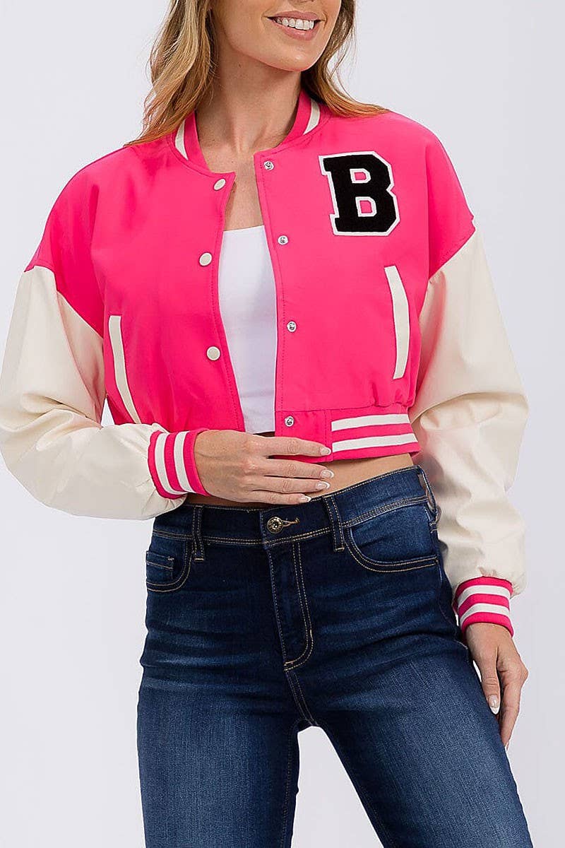 ROUSSEAU - Wholesale Varsity/Baseball Jacket - Women's - PLEATHER SLEEVE BUTTON CLOSURE VARSITY JACKET1