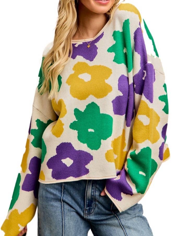 Floral Pattern Mardi Gras Sweater Top for wholesale by Vanilla Monkey