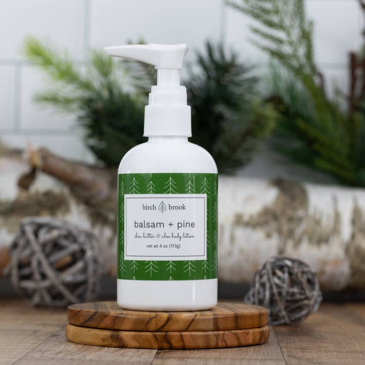 Balsam + Pine Hand and Body Lotion 4 oz for wholesale by Birch Brook Soaps