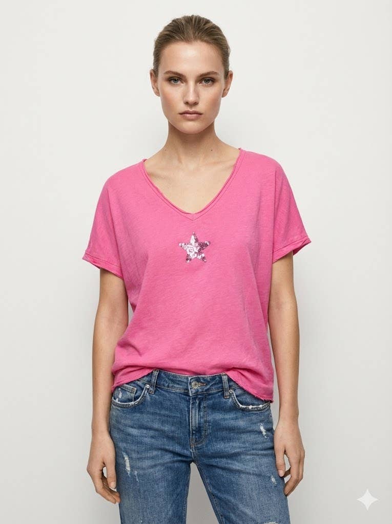 Mimi & Gogo – Großhandel T-Shirt – Damen – Damen-T-Shirt mit doppeltem V-Ausschnitt und Paillettenstern11