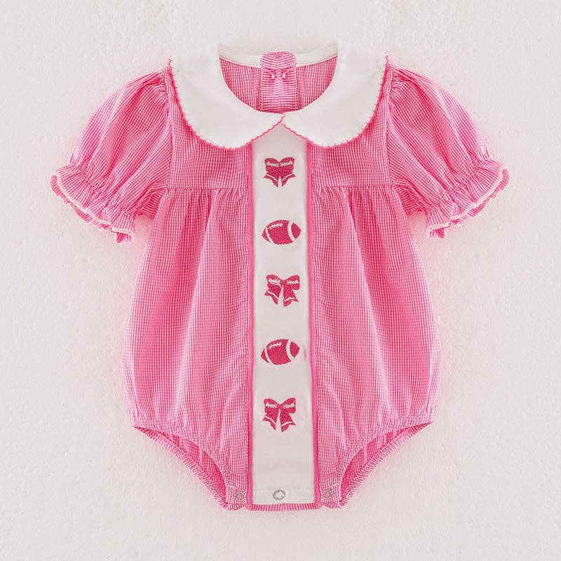 Auraquise - Wholesale Bodysuit (Non-Footed) - Baby - Baby Girls Pink Football Bow Embroidery Bubble Romper0