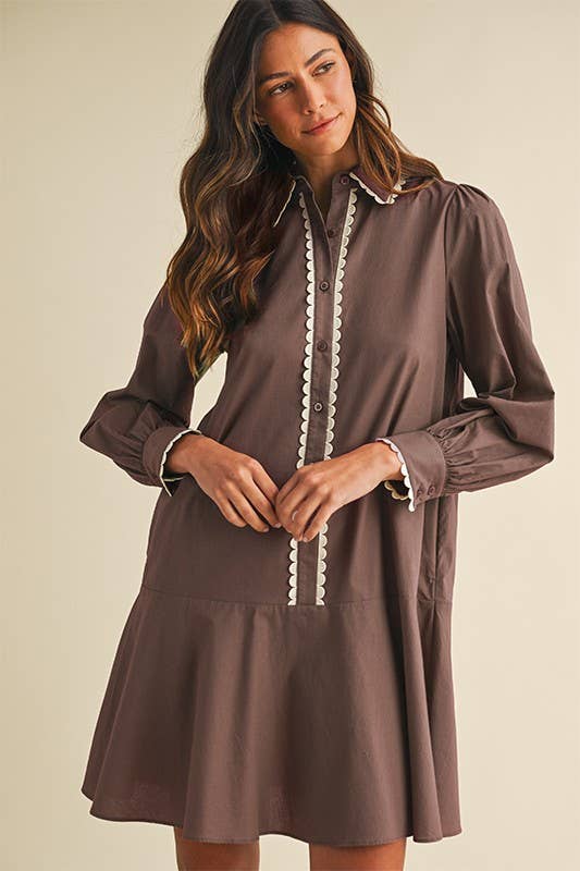 Vanilla Monkey - Wholesale Dress - Women's - Poplin Scallop Trimmed Shirt Dress0