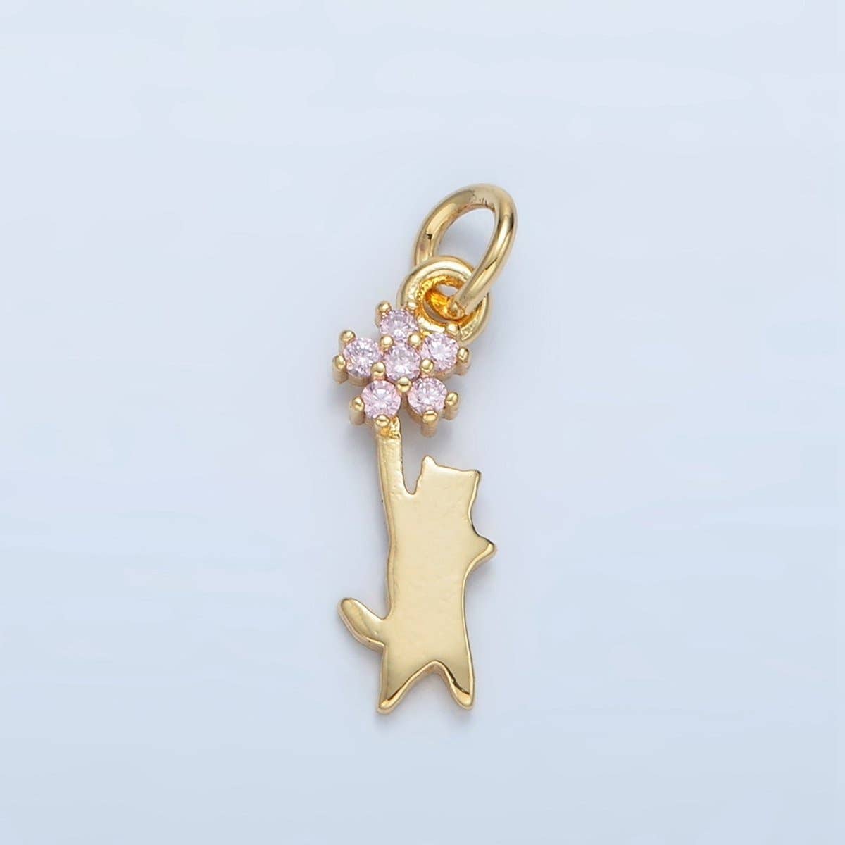 Aim Eternal - Wholesale Individual Charm/Pendant - 24K Gold Filled Kitten Cat Reach Pink Flower CZ Charm | X297