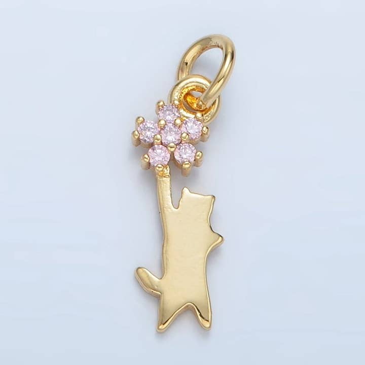 Aim Eternal - Wholesale Individual Charm/Pendant - 24K Gold Filled Kitten Cat Reach Pink Flower CZ Charm | X2970