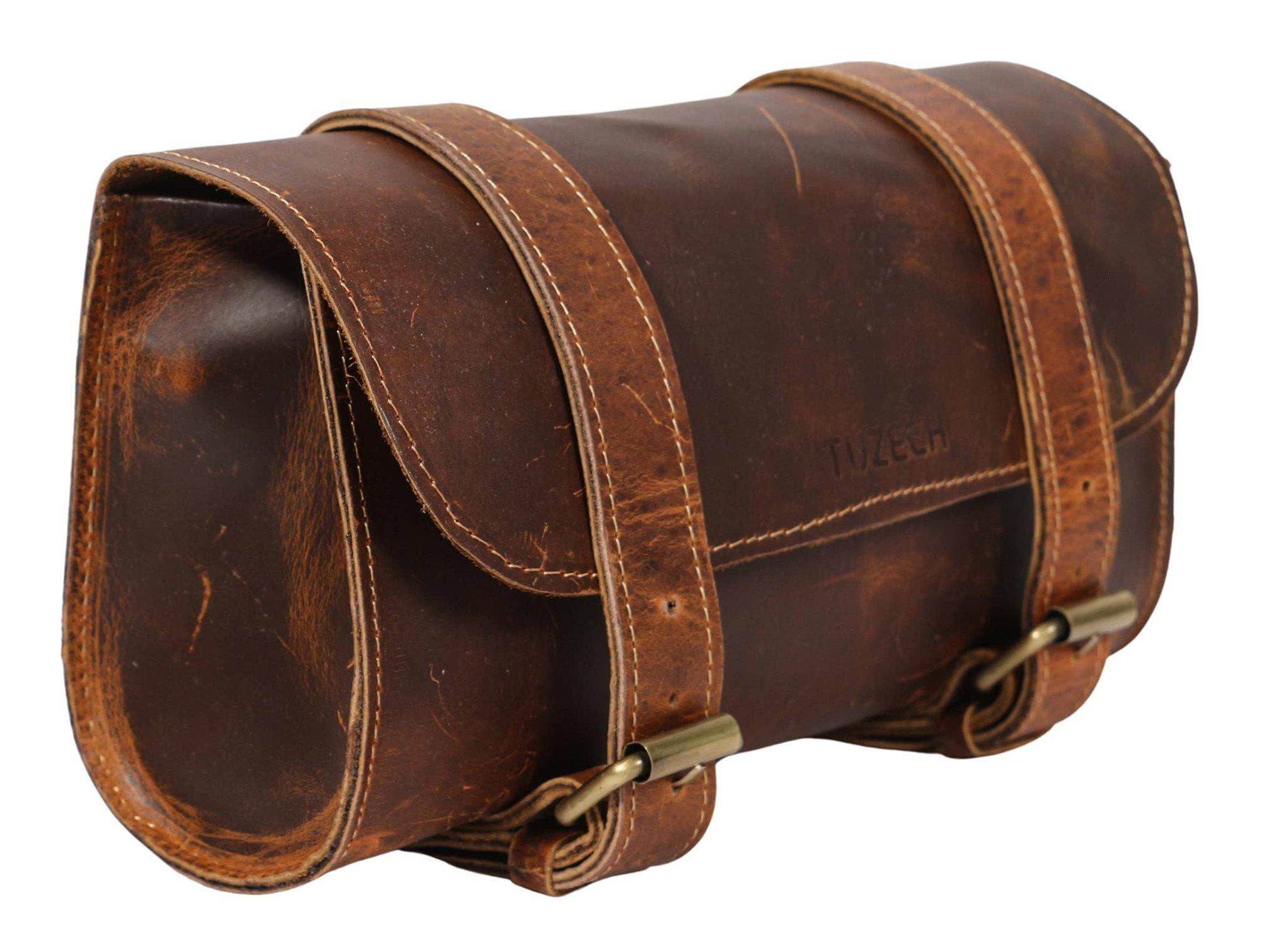 Tuzech Leather – wholesale Pouch – Unisex – TUZECH Thick Leather Motorcycle Handlebar Bag, 2 Straps, Tool Organizer, Motorbike Storage Pouch, Premium Saddle Bag for Bike Commuters, Handmade (Brown Color)1