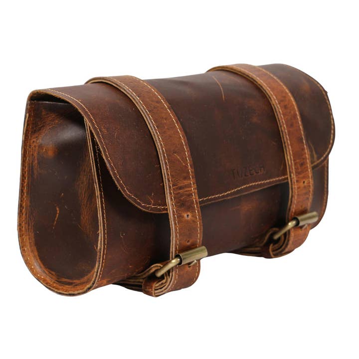 Tuzech Leather - Venta al por mayor Bolsa pequeña - Unisex - Bolsa de manillar de motocicleta de cuero grueso TUZECH, 2 correas, organizador de herramientas, bolsa de almacenamiento para motocicleta, alforja premium para ciclistas, hecha a mano (color marrón)1