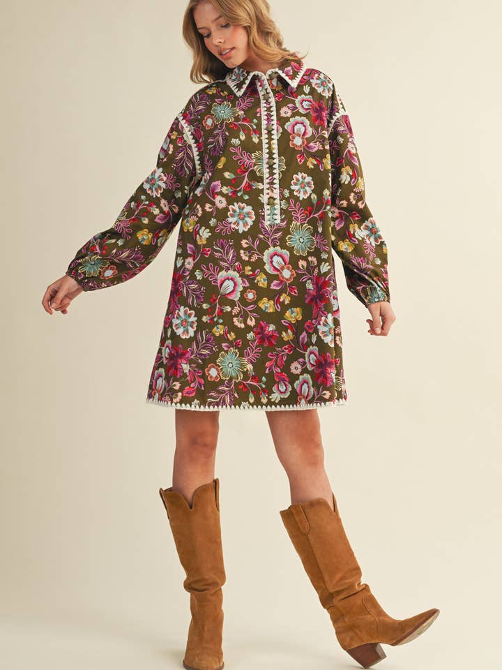 &MERCI - Wholesale Dress - Women's - EXCLUSIVE PRINT BLANKET STITCH BUTTONED MINI DRESS MDR429817