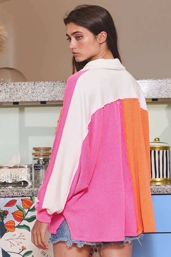 Orange/Moutarde Tunique boutonnée surdimensionnée côtelée à blocs de couleurs T1578-2D en vente sur Faire14