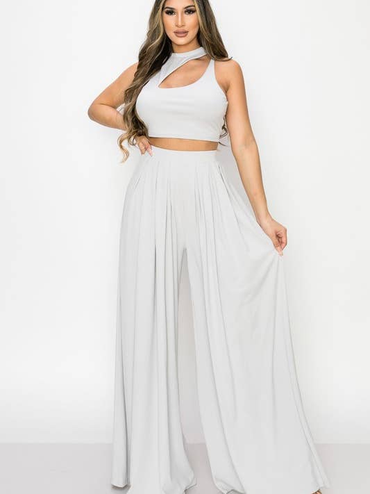 CONJUNTO DE TOP E CALÇAS COM GOLA ALTA E RECORTES PS8596K_TRENDY BASICS por atacado de PRIVY