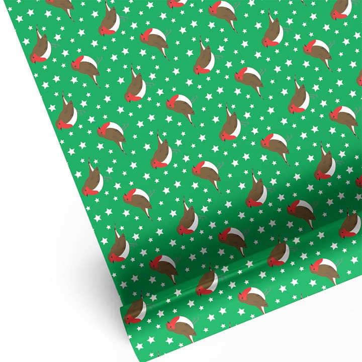 Festive Robins and Stars Green Wrapping Paper for wholesale by UmmPixies