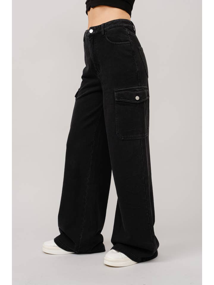 BLACK 23183P - High rise wide leg denim sweat pants for wholesale on Faire
