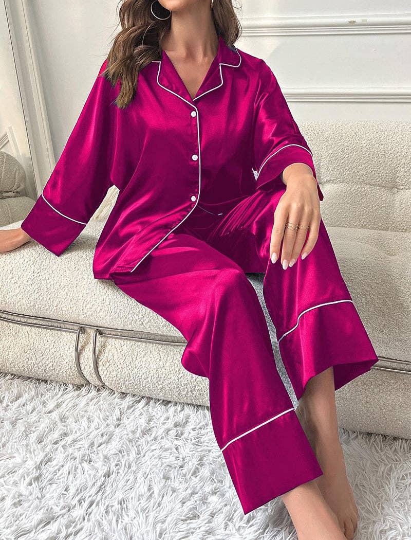 safistyle - Wholesale Sleepwear Set - Women's - Contrast Piping Button-Up Top and Wide-Leg Pants Set7