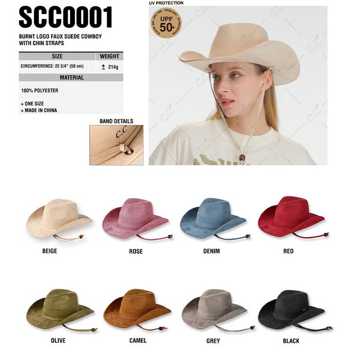 CC BURNT LOGO FAUX SUEDE COWBOY WITH CHIN STRAPS, SCC 0001 for wholesale by JOIA ACCESSORIES