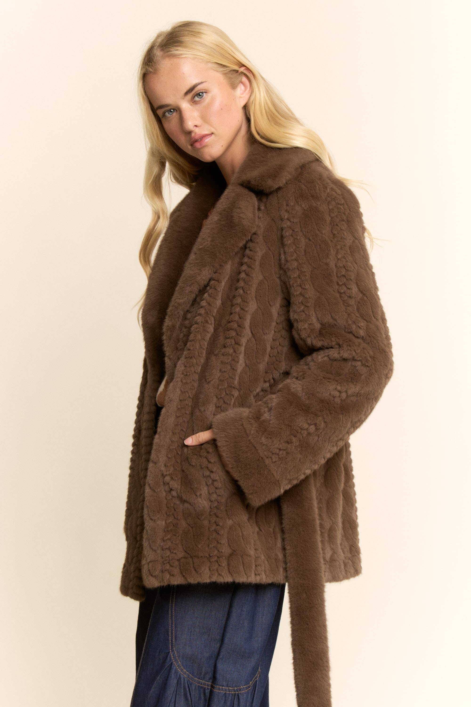 Brown TEXTURED FAUX FUR BELTED COAT for wholesale on Faire5
