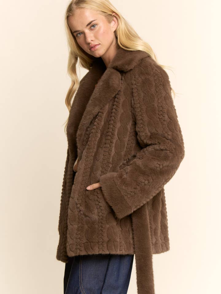 Brown TEXTURED FAUX FUR BELTED COAT for wholesale on Faire5